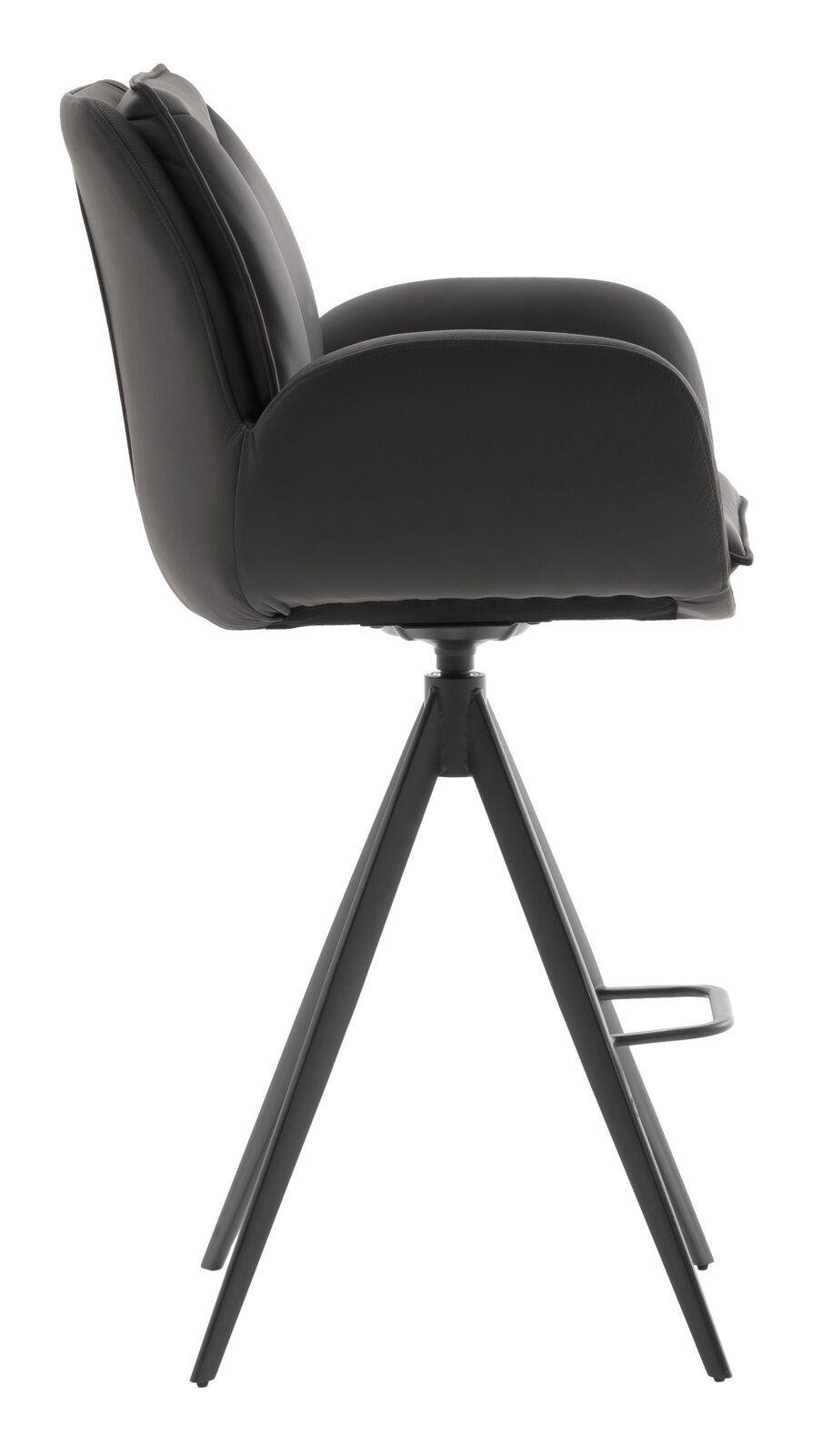 Seitenansicht eines modernen Barstuhls mit schwarzem Sitz und Metallgestell.