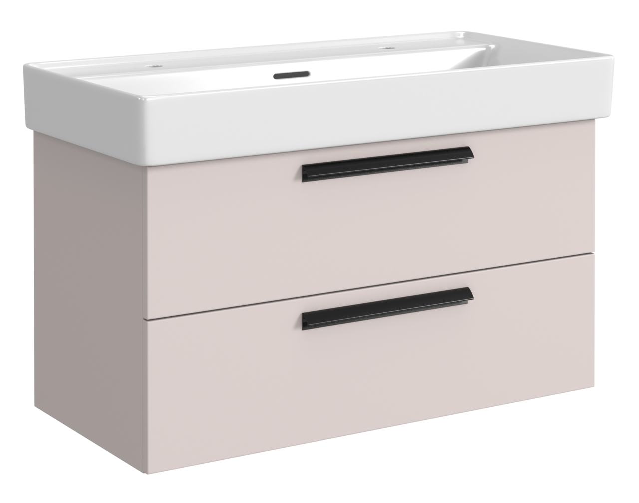 Waschtisch-Set mit zwei Schubladen und Platz für zwei Armaturen, seitliche Perspektive