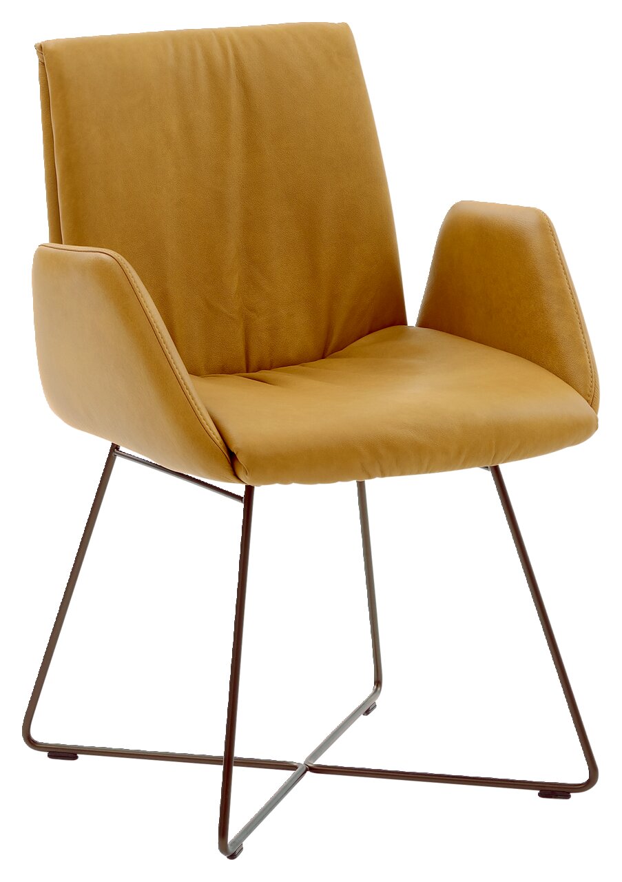 Moderner Sessel mit senfgelbem Bezug und Metallgestell, seitliche Perspektive