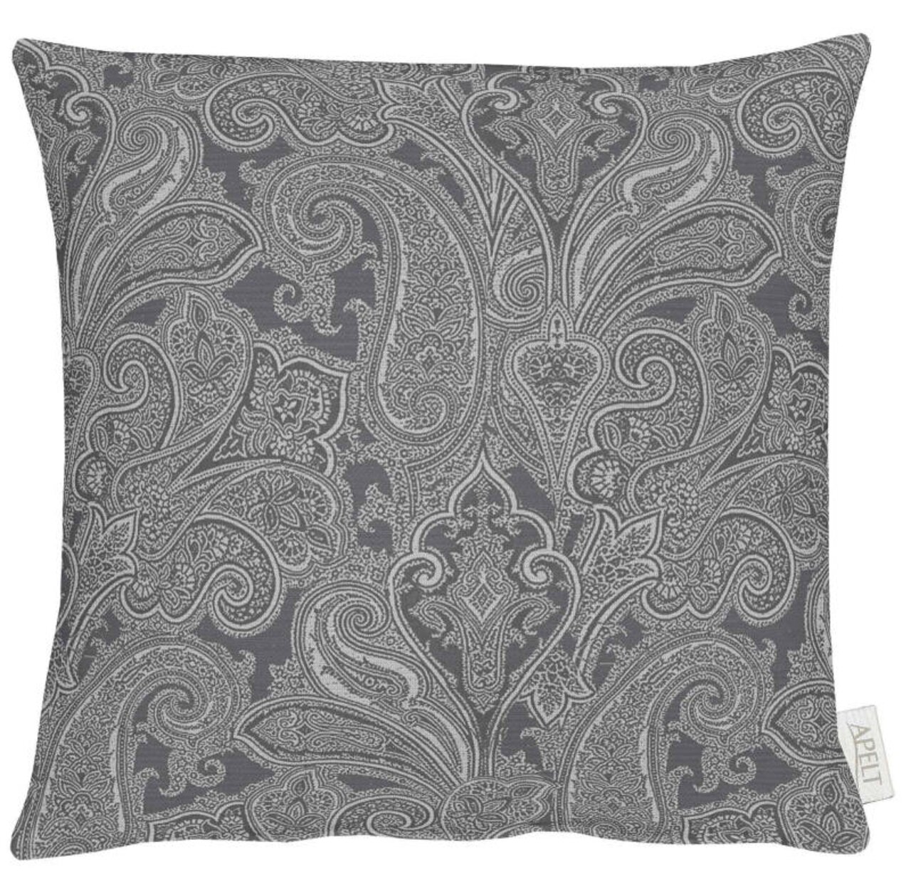 Graue Kissenhülle mit detailliertem Paisley-Muster, Vorderansicht