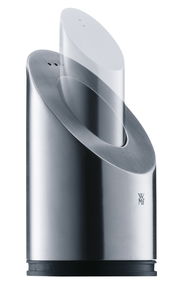 Moderner Pfeffer- und Salzstreuer aus Edelstahl in einem eleganten, zweigeteilten Design, seitliche Perspektive