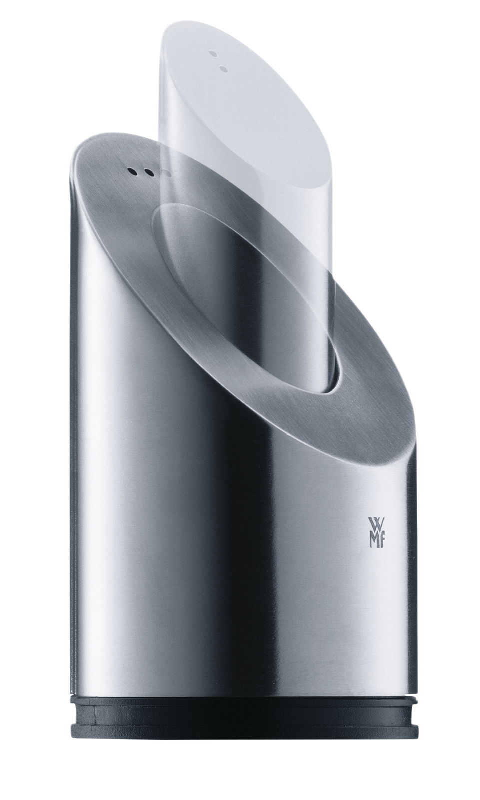 Moderner Pfeffer- und Salzstreuer aus Edelstahl in einem eleganten, zweigeteilten Design, seitliche Perspektive