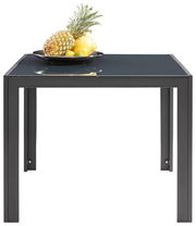 Moderner Gartentisch mit schwarzer Glasplatte, darauf ein Obstteller mit Ananas und Zitronen, frontal fotografiert.