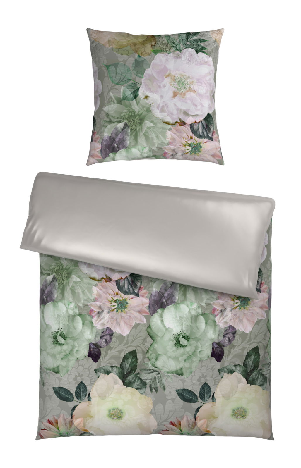 Wendebettwäsche mit floralem Muster in sanften Pastelltönen, Draufsicht