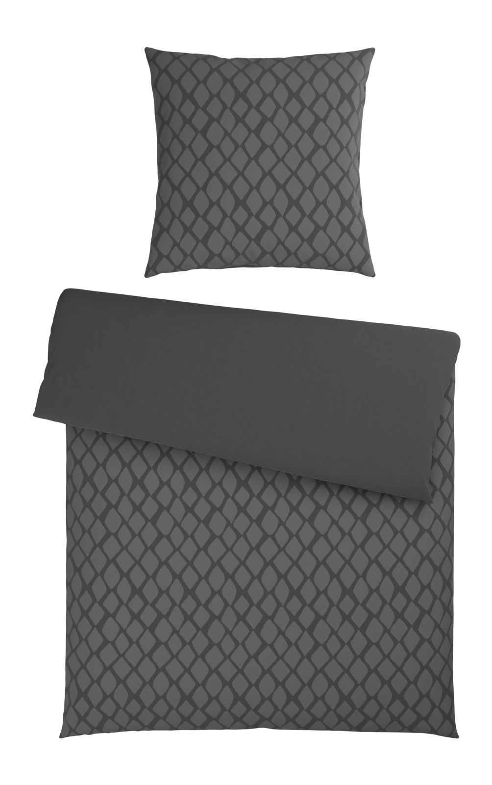 Dunkelgraue Wendebettwäsche mit geometrischem Muster, Ansicht von oben