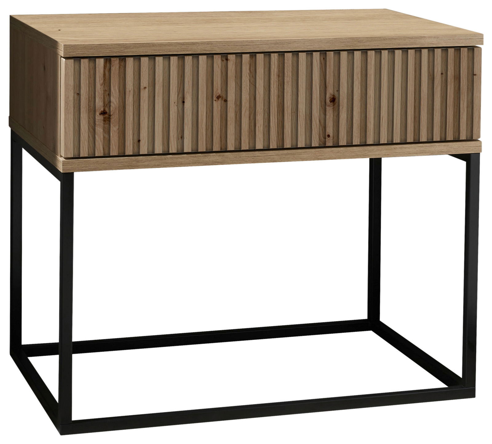 Nachtkommode aus Holz mit geriffelter Front und schwarzem Metallgestell, seitliche Perspektive