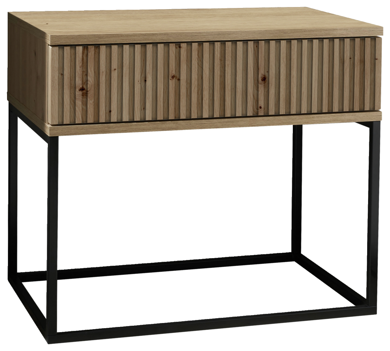 Nachtkommode aus Holz mit geriffelter Front und schwarzem Metallgestell, seitliche Perspektive
