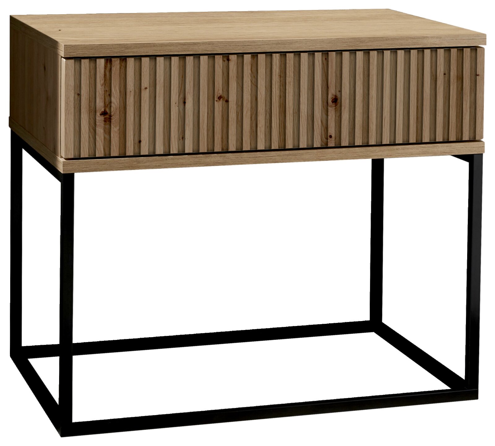 Nachtkommode aus Holz mit geriffelter Front und schwarzem Metallgestell, seitliche Perspektive