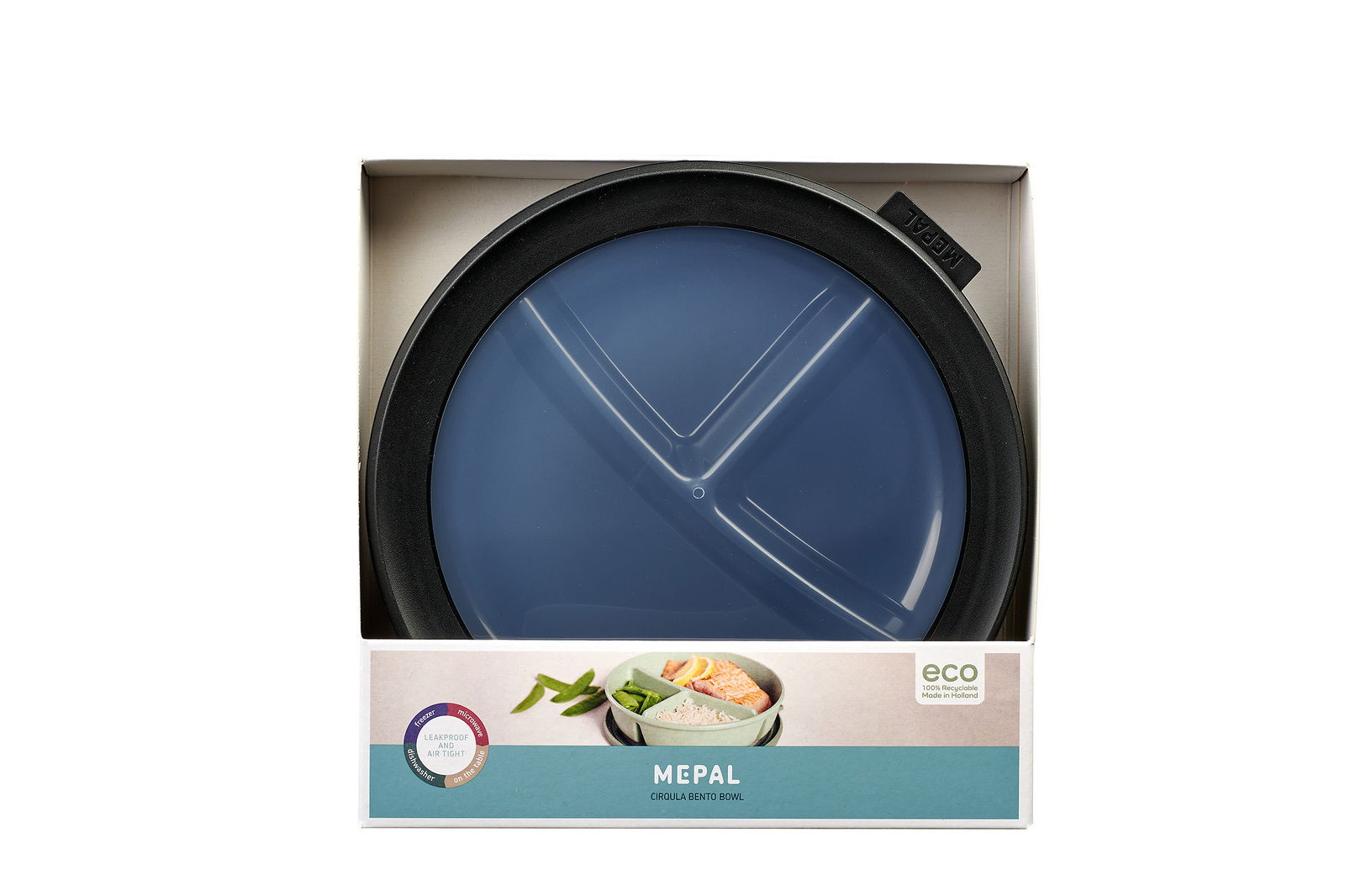 Runde Bento-Schale Cirqula in Schwarz von oben in Verpackung, mit blauem Deckel und Mepal-Logo.