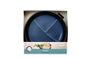 Runde Bento-Schale Cirqula in Schwarz von oben in Verpackung, mit blauem Deckel und Mepal-Logo.