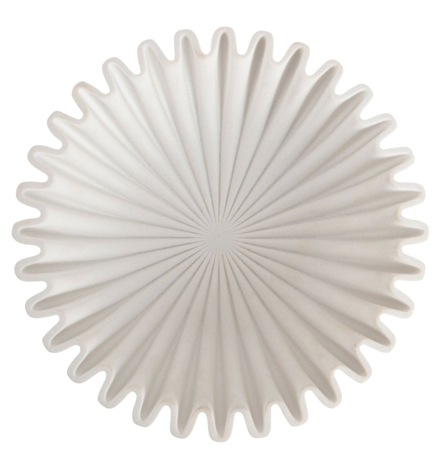 Weiße, mittelgroße Schale mit strahlenförmigem Muster, von oben betrachtet.