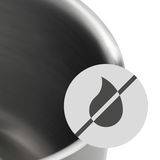 Nahaufnahme eines Topfrandes aus Edelstahl mit einem Symbol für hitzebeständige Eigenschaften.