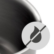 Nahaufnahme eines Topfrandes aus Edelstahl mit einem Symbol für hitzebeständige Eigenschaften.