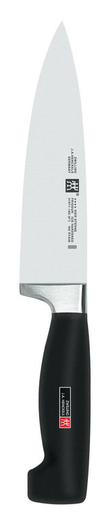 Kochmesser 16cm VIER STERNE, Seitenansicht mit schwarzem Griff und silberner Klinge.