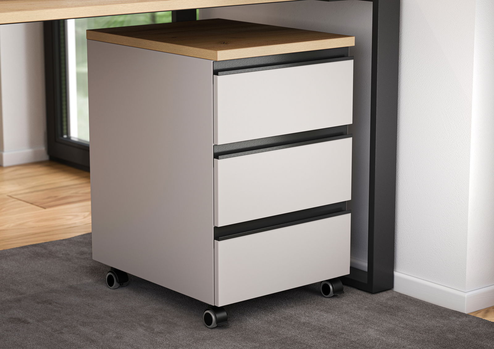 Rollcontainer mit drei Schubladen, Holzoberfläche und Rollen, seitliche Perspektive