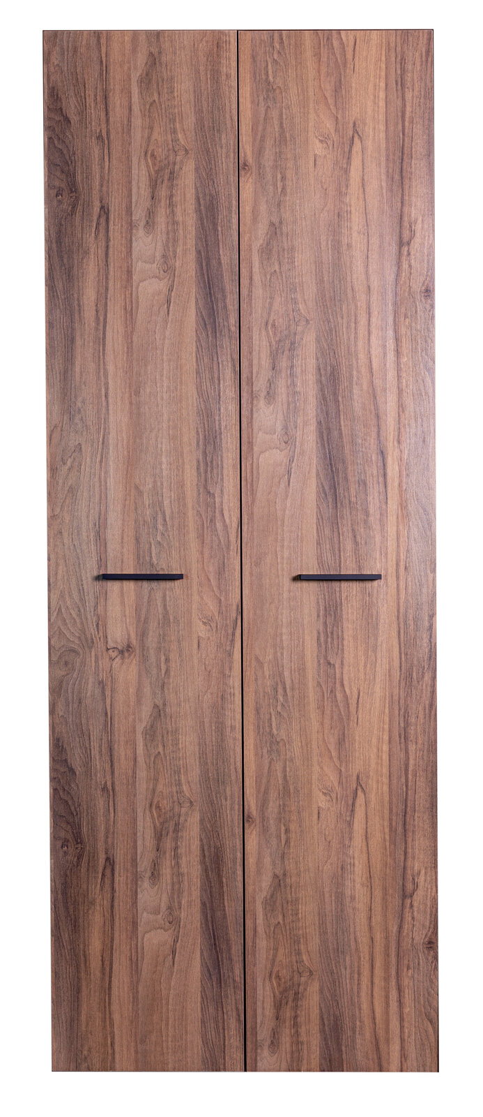 Zwei Holztüren mit natürlicher Holzmaserung und schwarzen Griffen, frontal betrachtet.