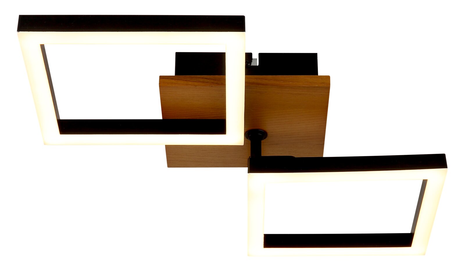 Moderne Deckenleuchte mit zwei leuchtenden quadratischen Rahmen, Holz- und Metallelemente, Ansicht von unten.