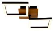 Moderne Deckenleuchte mit zwei leuchtenden quadratischen Rahmen, Holz- und Metallelemente, Ansicht von unten.