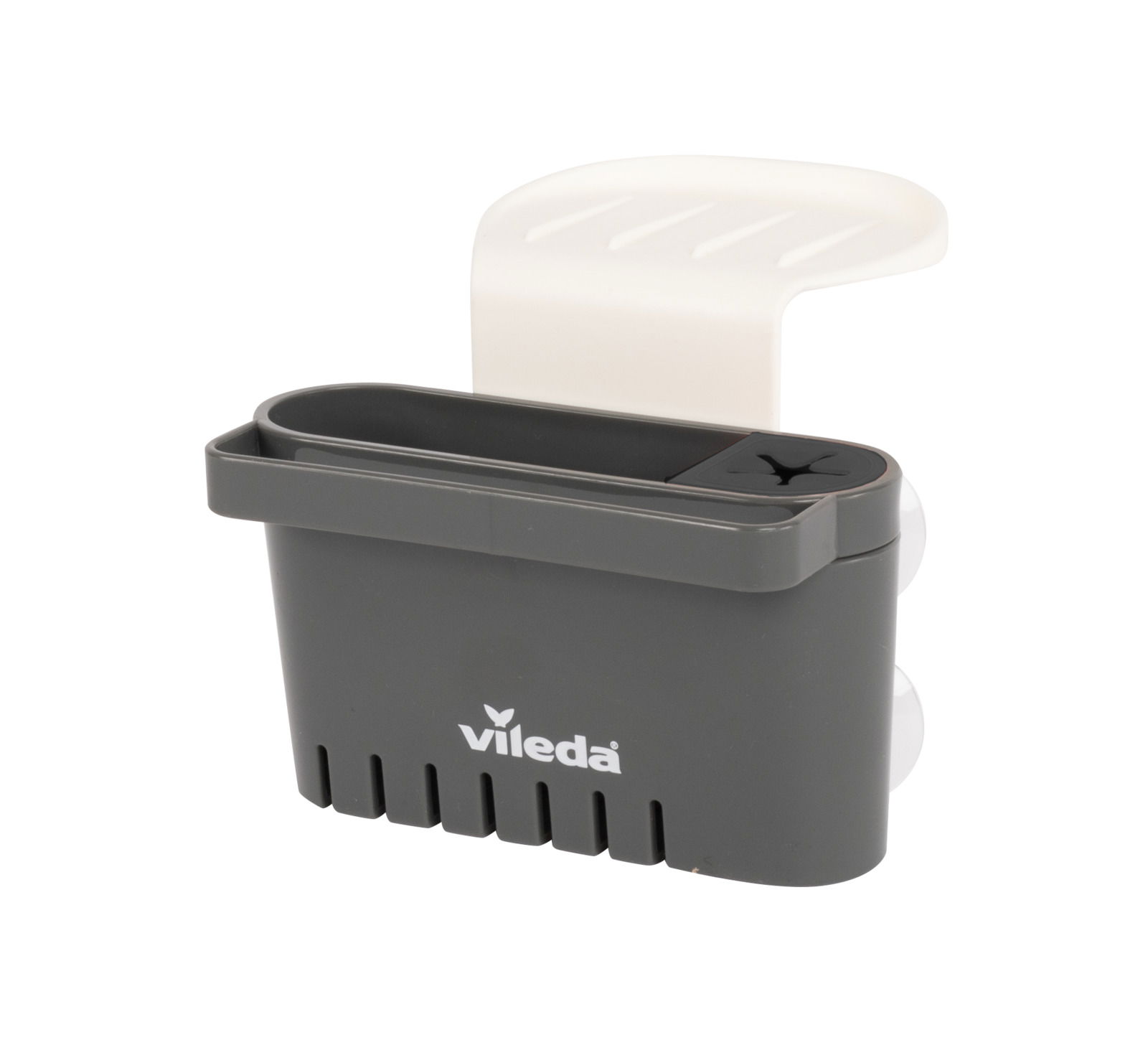 Spülbeckenhalter mit Saugnapf, seitliche Perspektive, grau mit weißem Haken