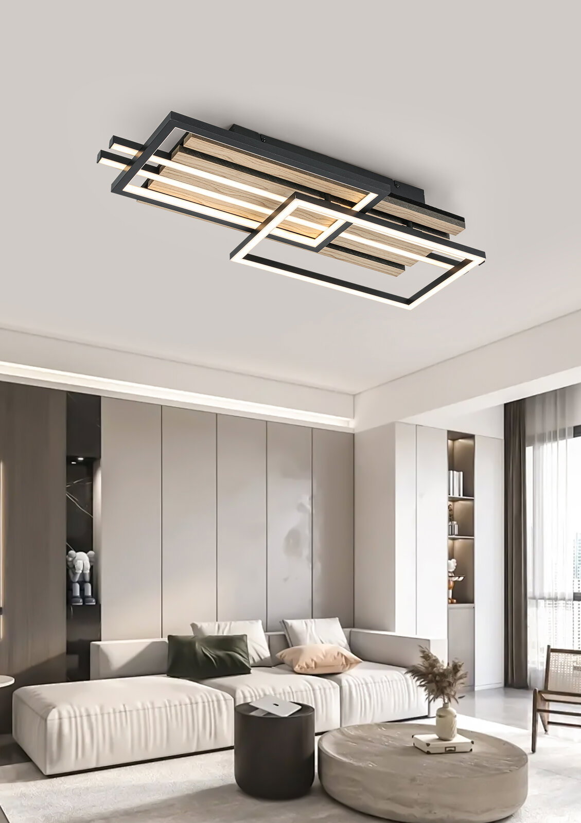 Moderne LED-Deckenleuchte in geometrischem Design, von unten betrachtet, in einem stilvollen Wohnzimmer montiert.