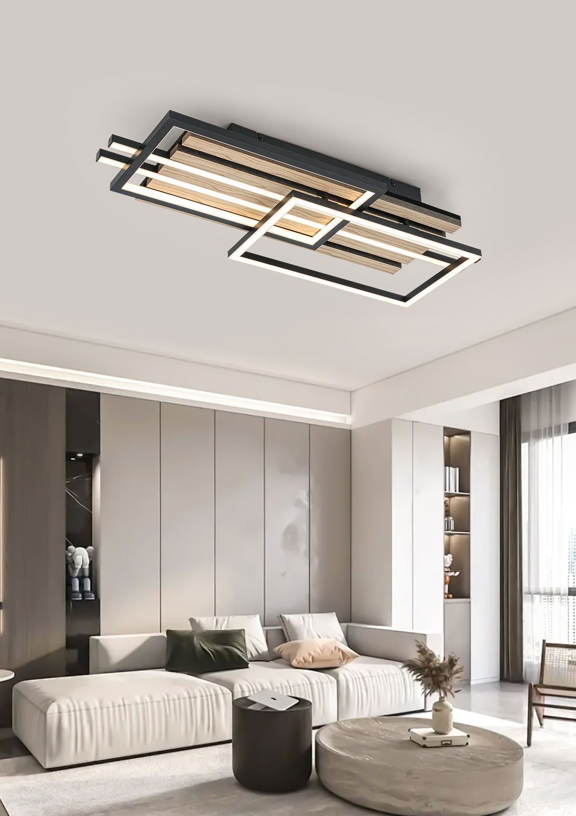 Moderne LED-Deckenleuchte in geometrischem Design, von unten betrachtet, in einem stilvollen Wohnzimmer montiert.