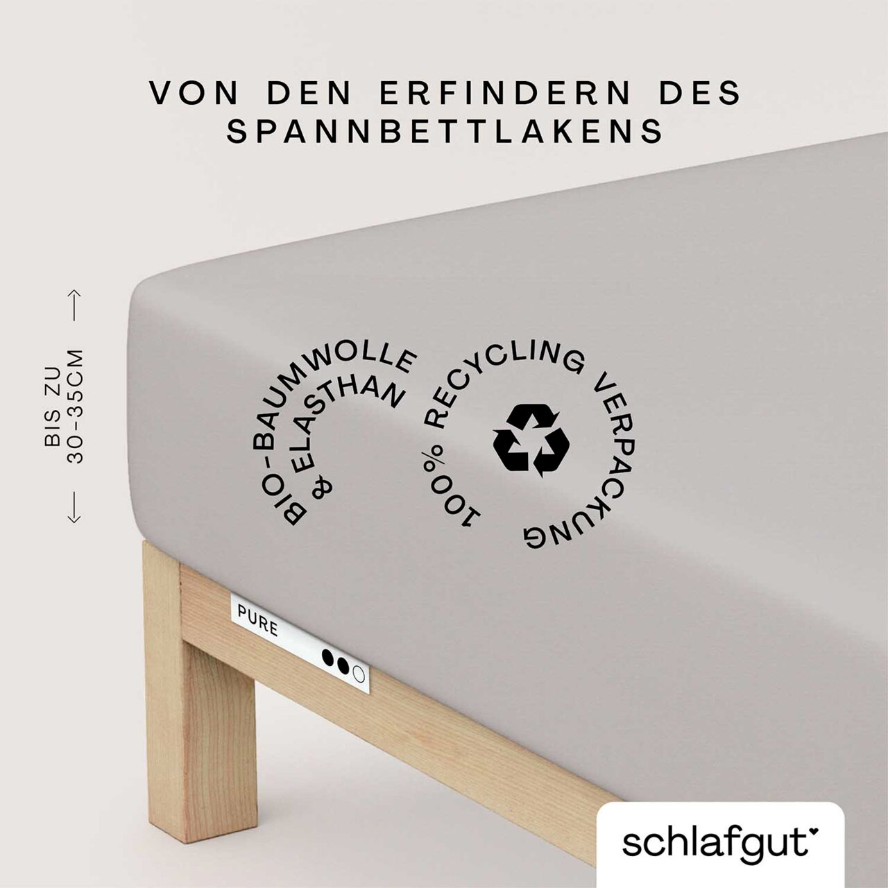 Spannbettlaken aus Bio-Baumwolle und Elasthan in Seitenansicht, geeignet für Matratzen bis zu 30-35 cm Höhe, mit Recycling-Verpackung.
