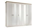 Großer weißer Kleiderschrank mit Spiegeln und Holzdetails, Frontalansicht