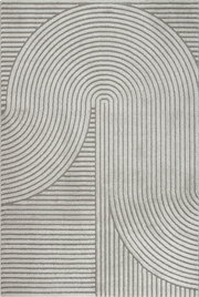 Abstraktes geometrisches Muster in Grau und Beige mit konzentrischen Linien und Bögen, frontal von oben aufgenommen.