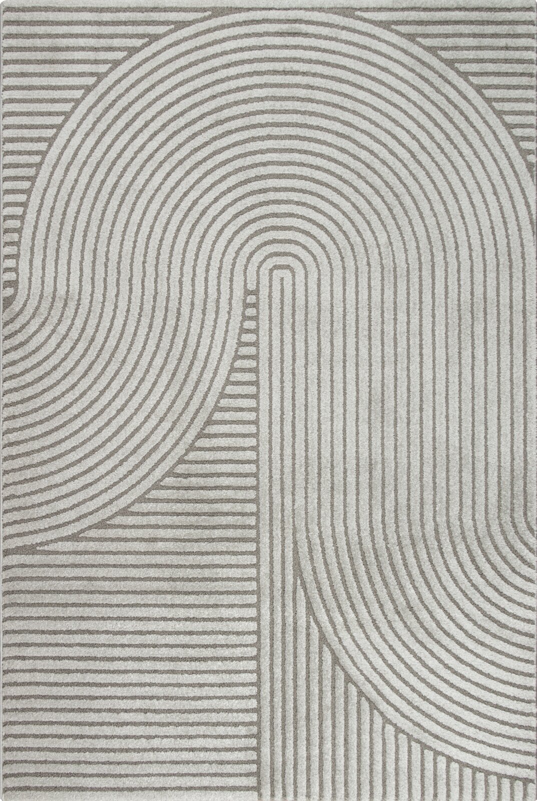 Merinos Kurzflorteppich ELIO Abstraktes geometrisches Muster in Grau und Beige mit konzentrischen Linien und Bögen, frontal von oben aufgenommen.