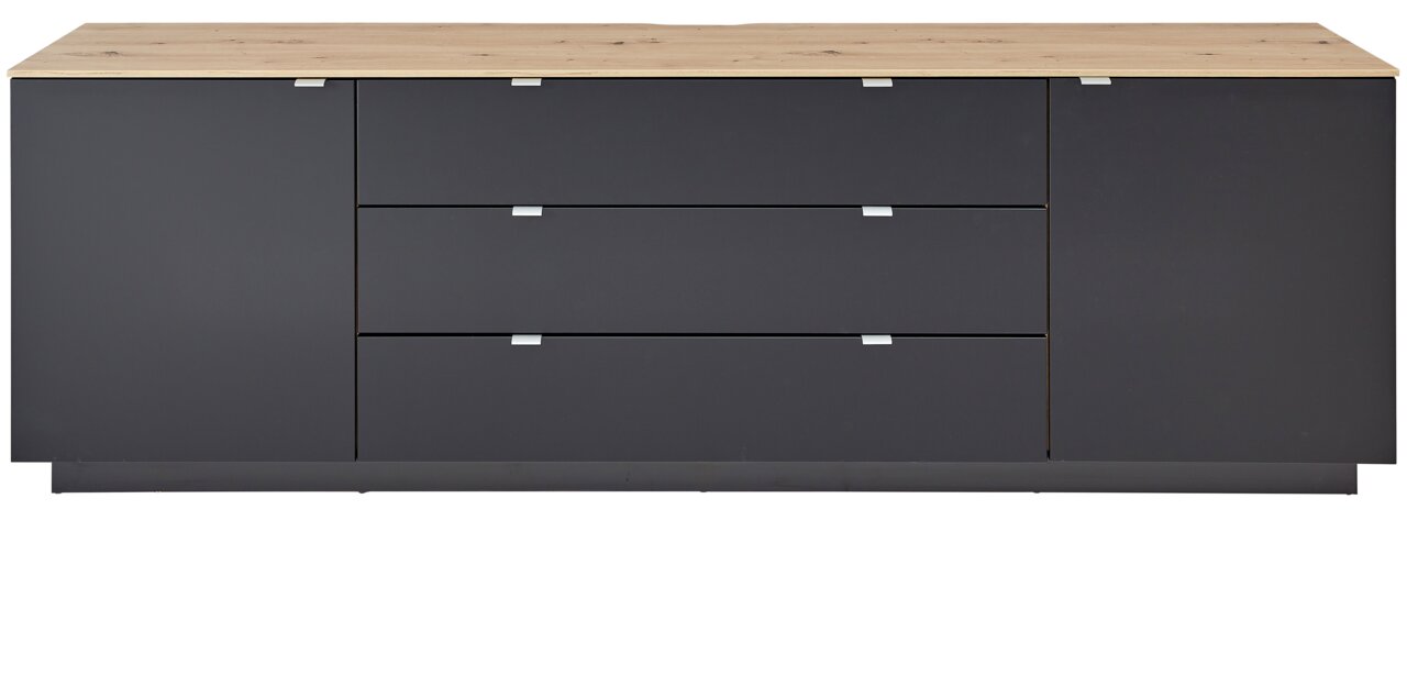 Frontansicht eines modernen TV-Sideboards mit dunkler Front und heller Holzoberfläche.