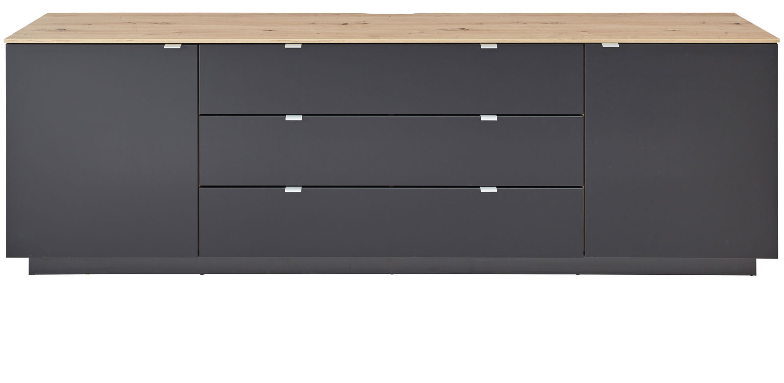 Frontansicht eines modernen TV-Sideboards mit dunkler Front und heller Holzoberfläche.