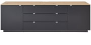 Frontansicht eines modernen TV-Sideboards mit dunkler Front und heller Holzoberfläche.