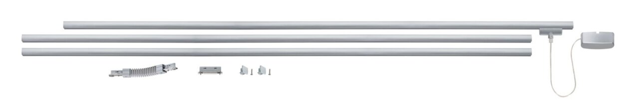 Startset met drie zilveren stangen, kabel en toebehoren, bovenaanzicht