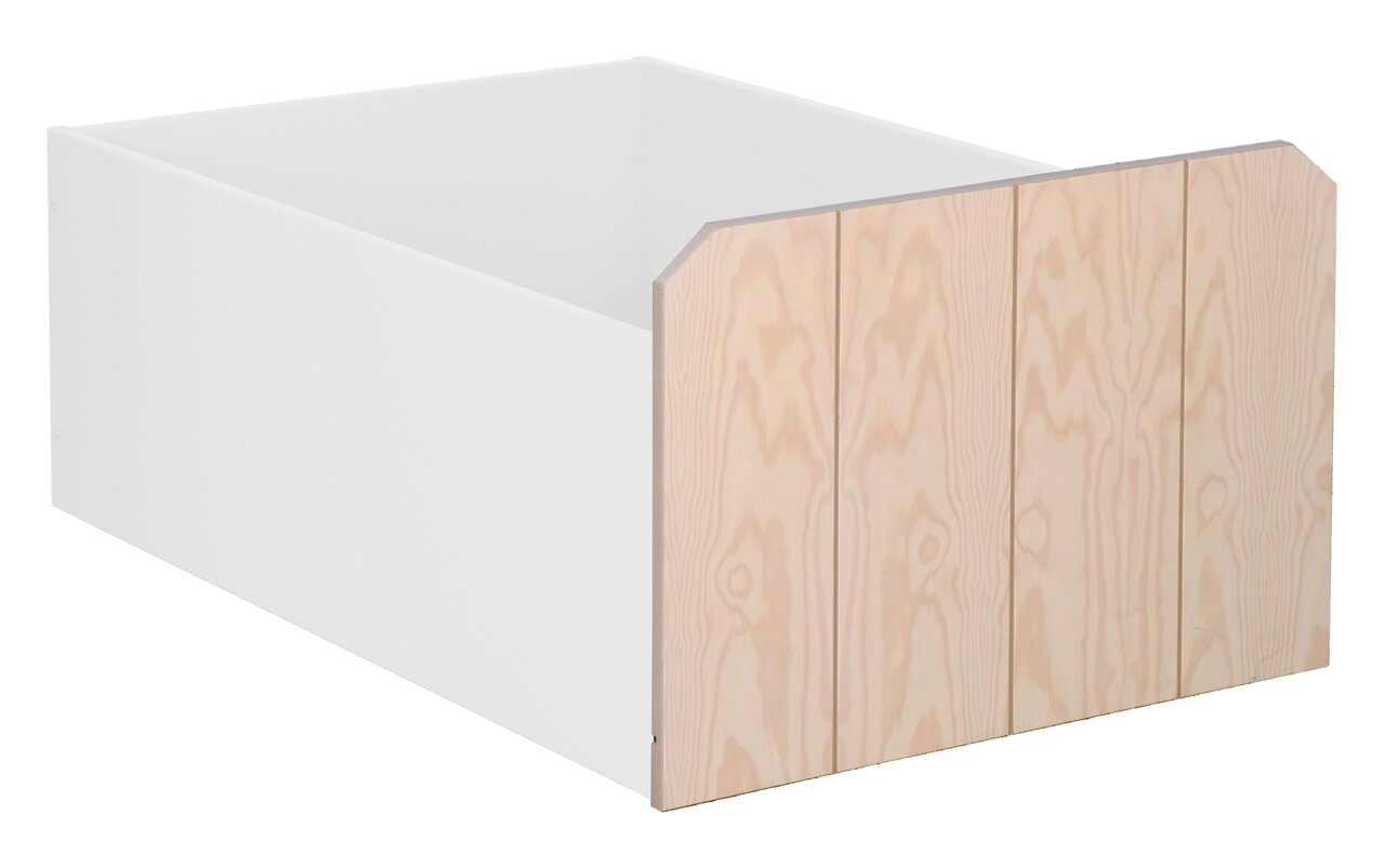 XORA Schubkasten FUMI Schubkasten mit weißem Korpus und Holzfront, perspektivisch von vorne links betrachtet.