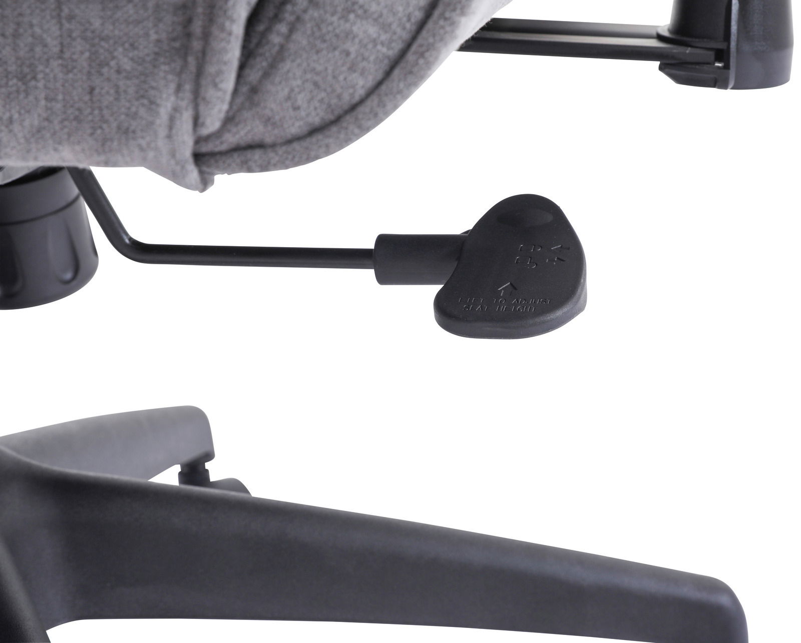 Nahaufnahme eines Homeoffice-Drehstuhls mit Fokus auf die Sitzhöhenverstellung und den grauen Stoffbezug.