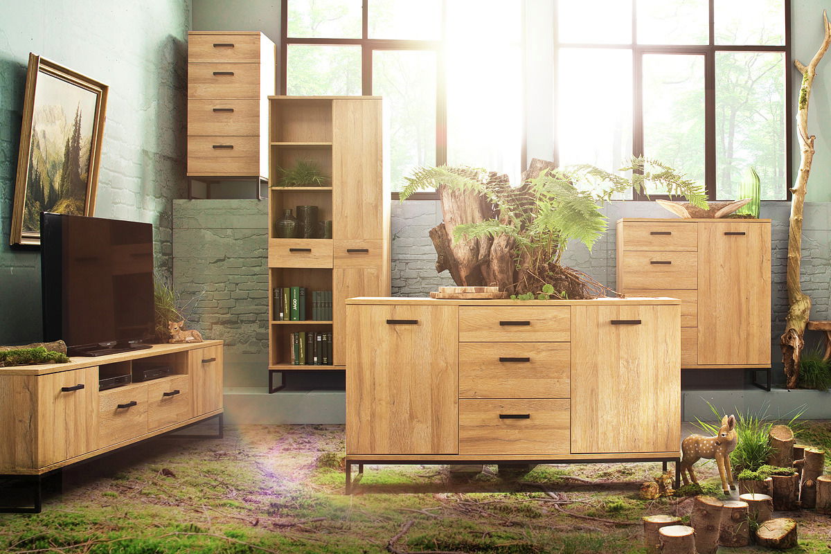Wohnzimmermöbel aus Holz in natürlicher Umgebung mit TV-Lowboard, Sideboard und Schrank, aus der Perspektive von vorne betrachtet.