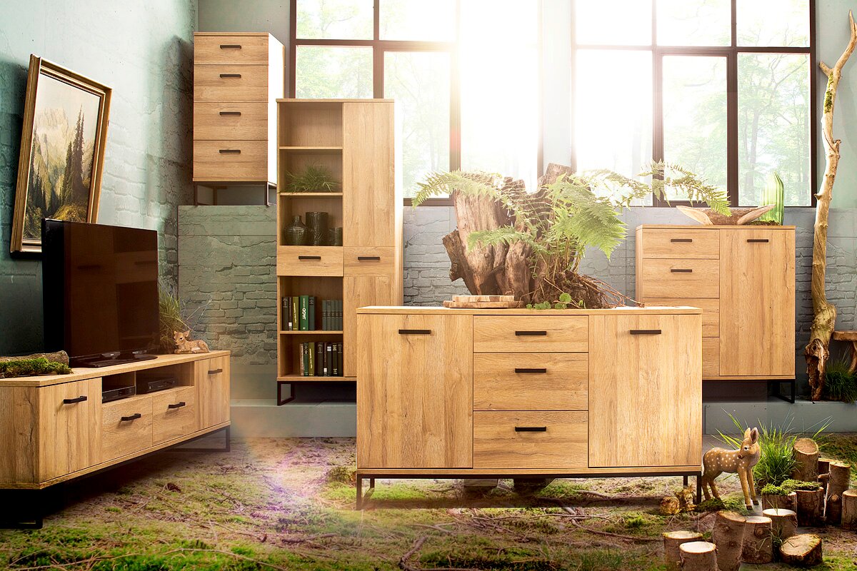Wohnzimmermöbel aus Holz in natürlicher Umgebung mit TV-Lowboard, Sideboard und Schrank, aus der Perspektive von vorne betrachtet.