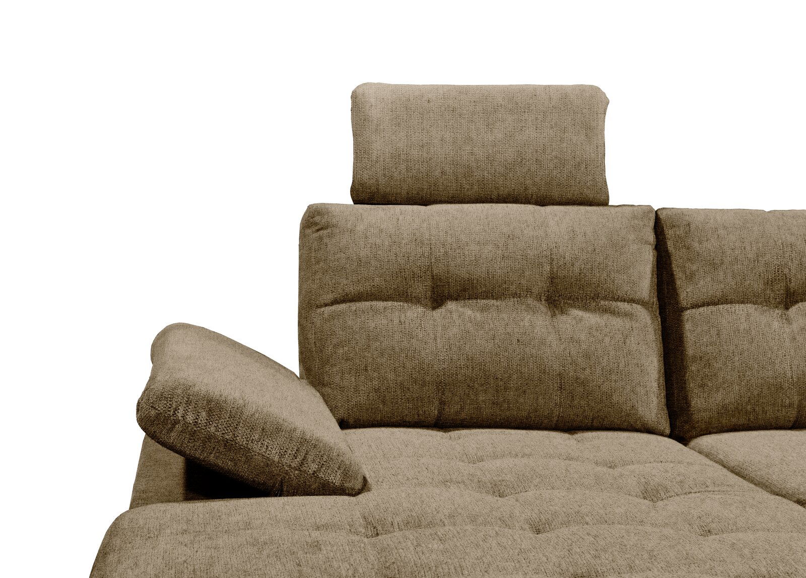 Nahaufnahme einer beigen Rundecke mit verstellbarer Kopfstütze und Armlehne, Perspektive von vorne.