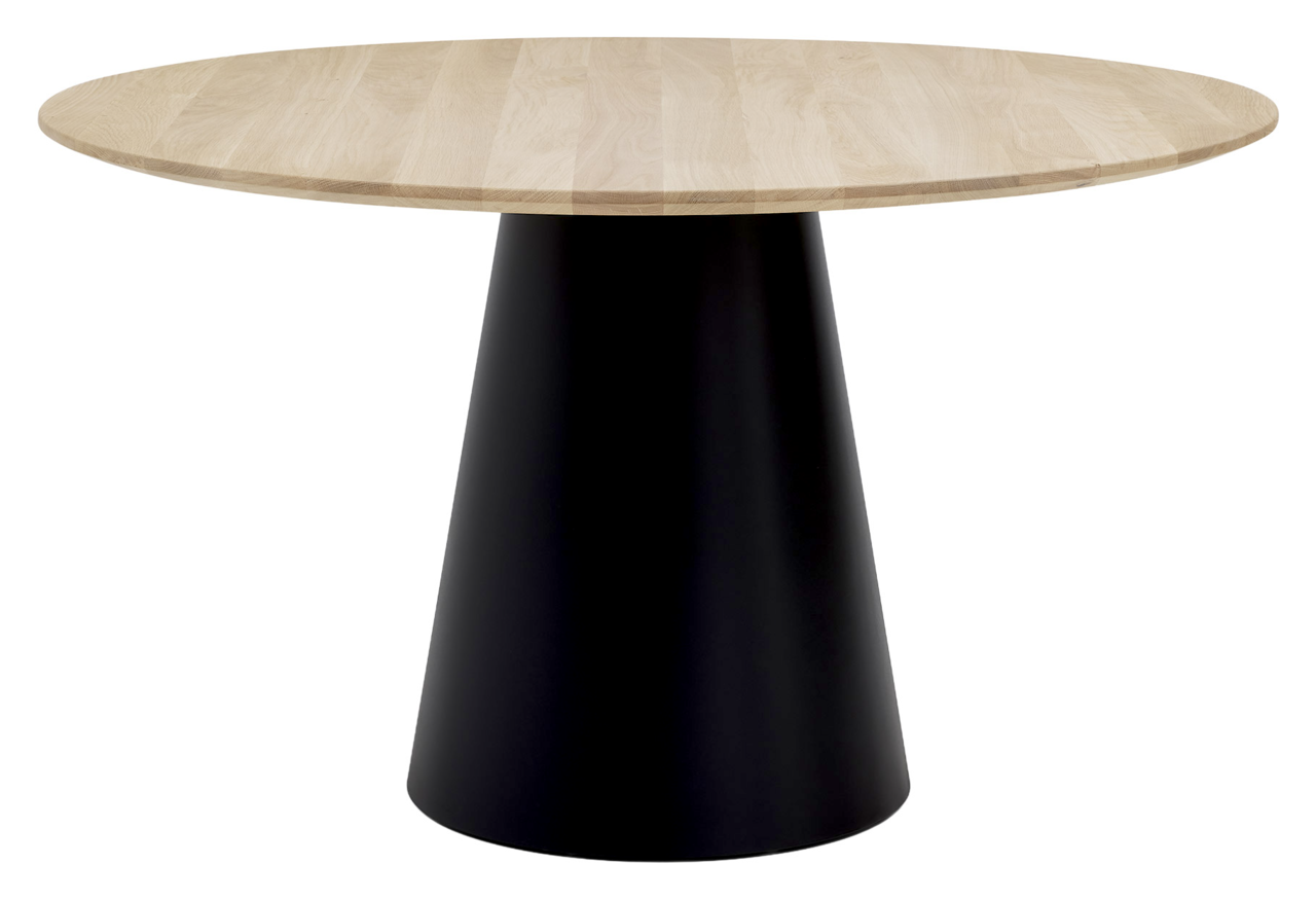 Runder Esstisch mit hellem Holz und konischem schwarzen Sockel, seitliche Perspektive