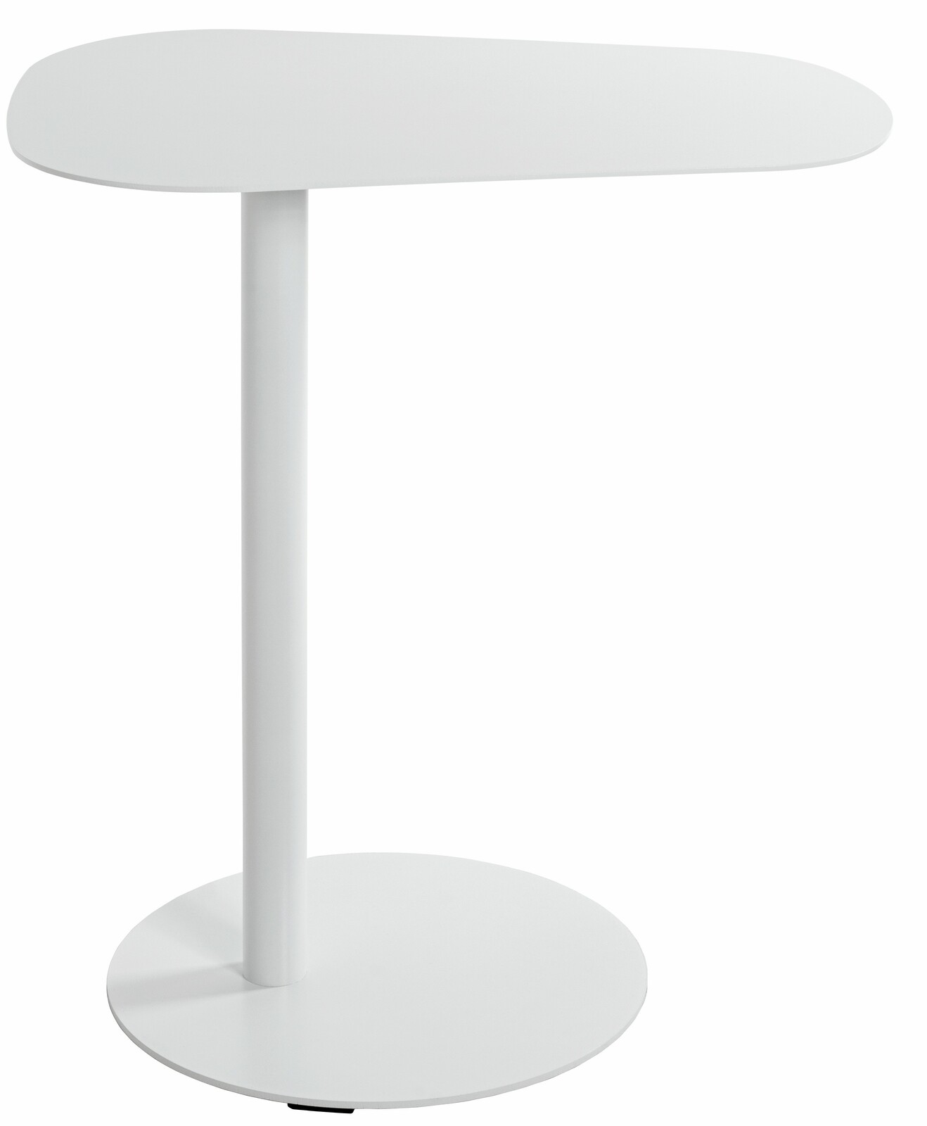 Moderner weißer Beistelltisch mit runder Basis und asymmetrischer Tischplatte, seitliche Perspektive