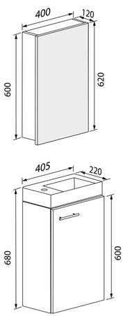 Isometrische technische Zeichnung eines schmalen Badschranks/Waschtischunterschranks mit Maßen: Hängeschrank ca. 400×120×620 mm (B×T×H) und Waschtischunterschrank ca. 405×220×680 mm, Vorderansicht in 3D-Perspektive mit Maßpfeilen.