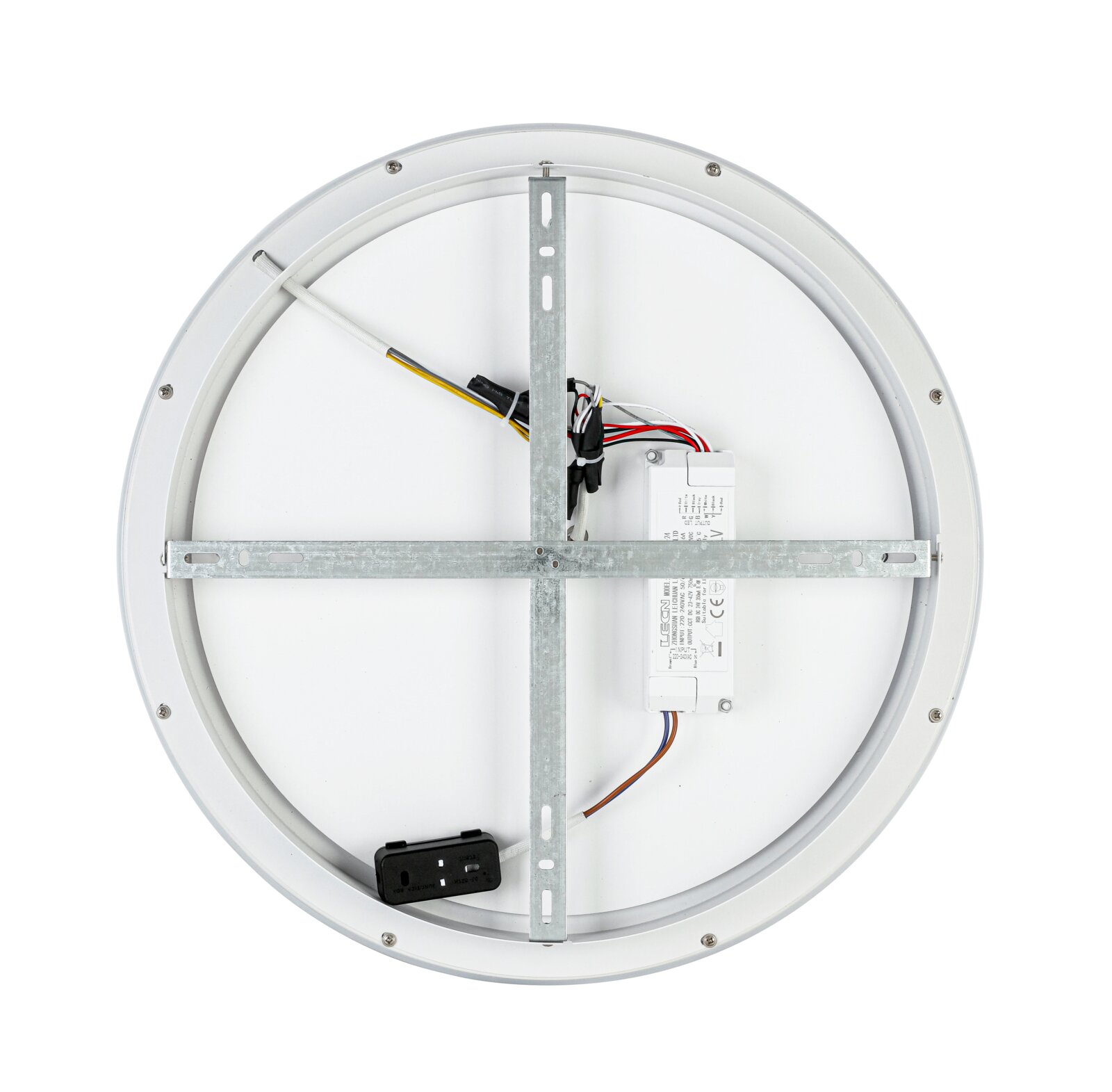 Achterkant van een ronde led-plafondlamp met zichtbare bedrading en metalen bevestiging.