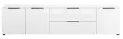 Weißes XL-TV-Lowboard mit zwei Türen und zwei Schubladen, frontale Ansicht