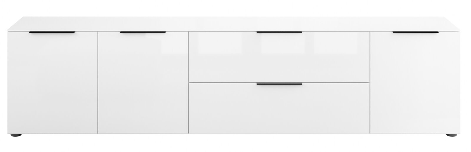 Weißes XL-TV-Lowboard mit zwei Türen und zwei Schubladen, frontale Ansicht