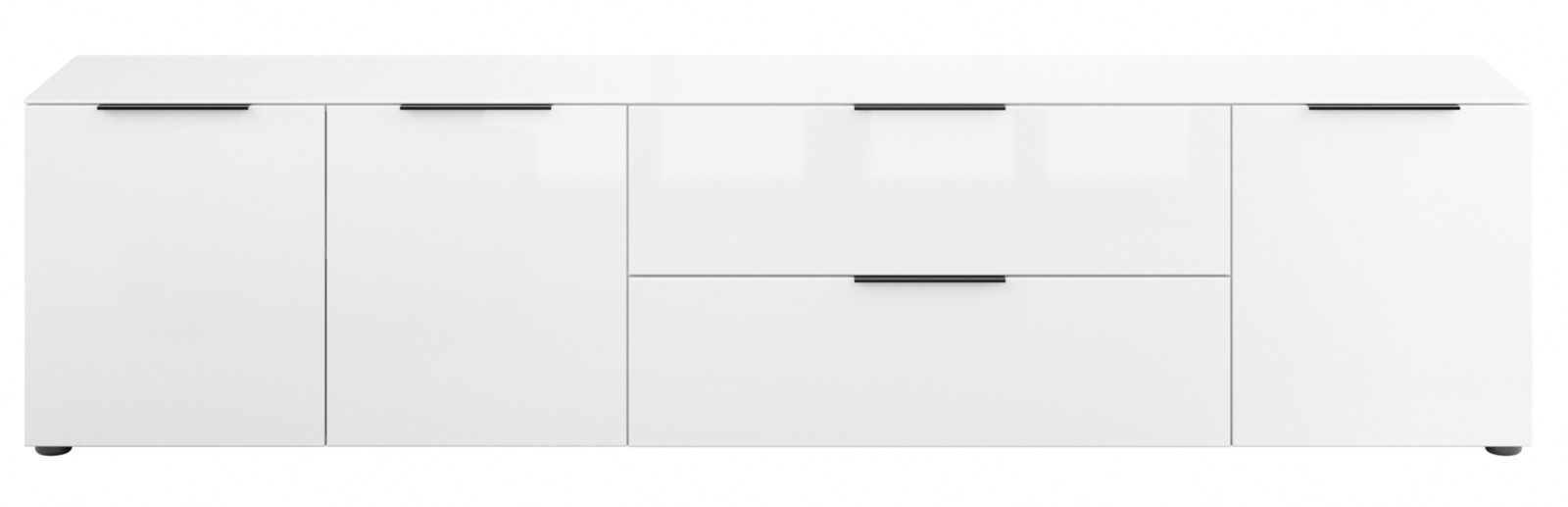 Weißes XL-TV-Lowboard mit zwei Türen und zwei Schubladen, frontale Ansicht