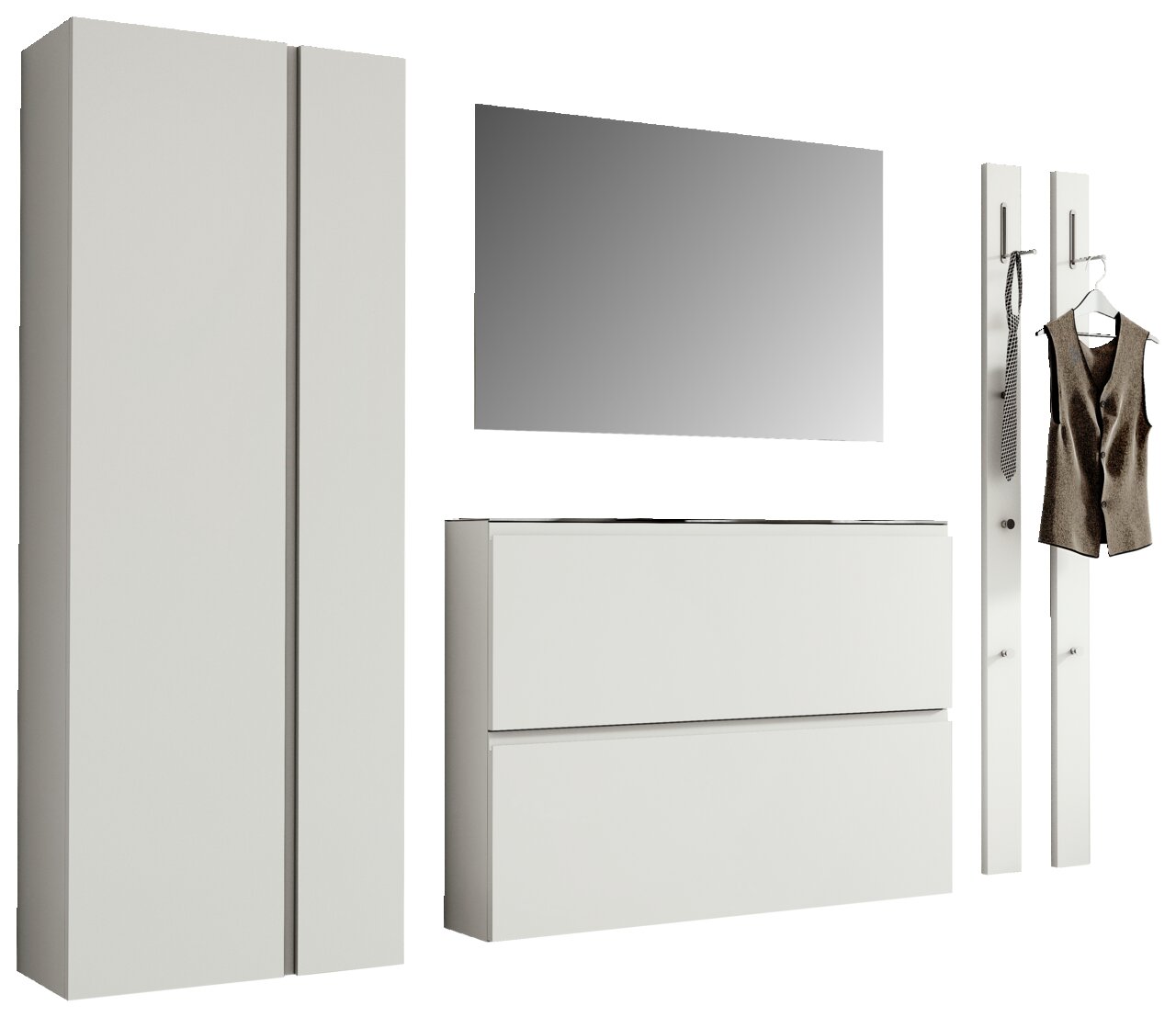 Moderano Garderoben-Set LECCO Garderobenset in Weiß mit Schrank, Spiegel, Kommode und zwei Wandpaneelen mit Haken, frontale Perspektive