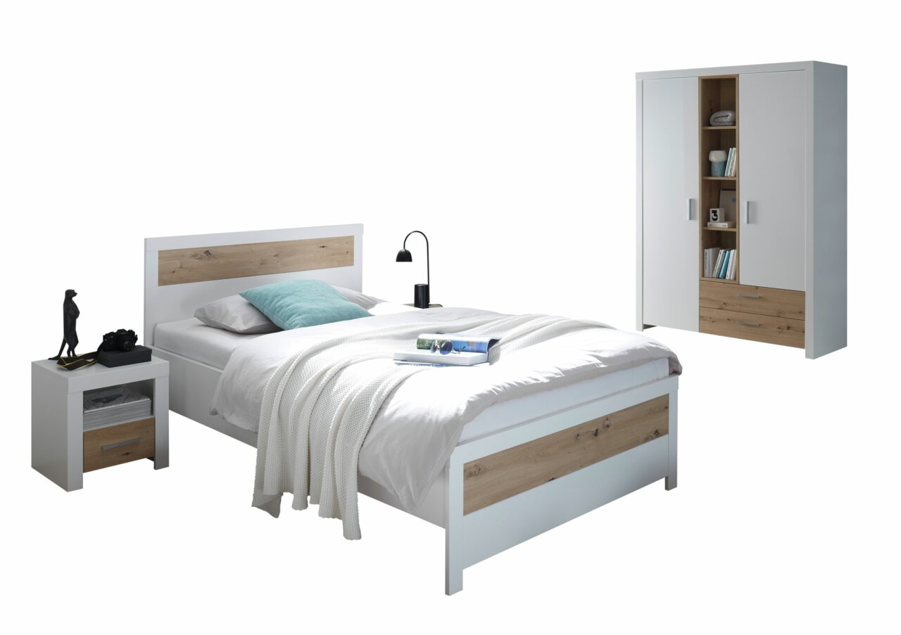 Moderne slaapkamerset voor jongeren met bed, nachtkastje en kledingkast in wit en houtlook, zijaanzicht