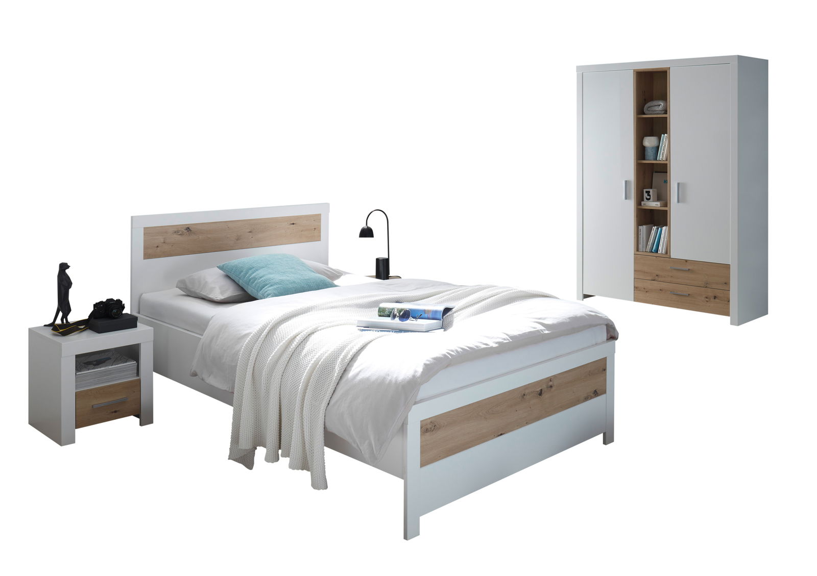 Modernes Jugendzimmer-Set mit Bett, Nachttisch und Kleiderschrank in Weiß und Holzoptik, seitliche Perspektive