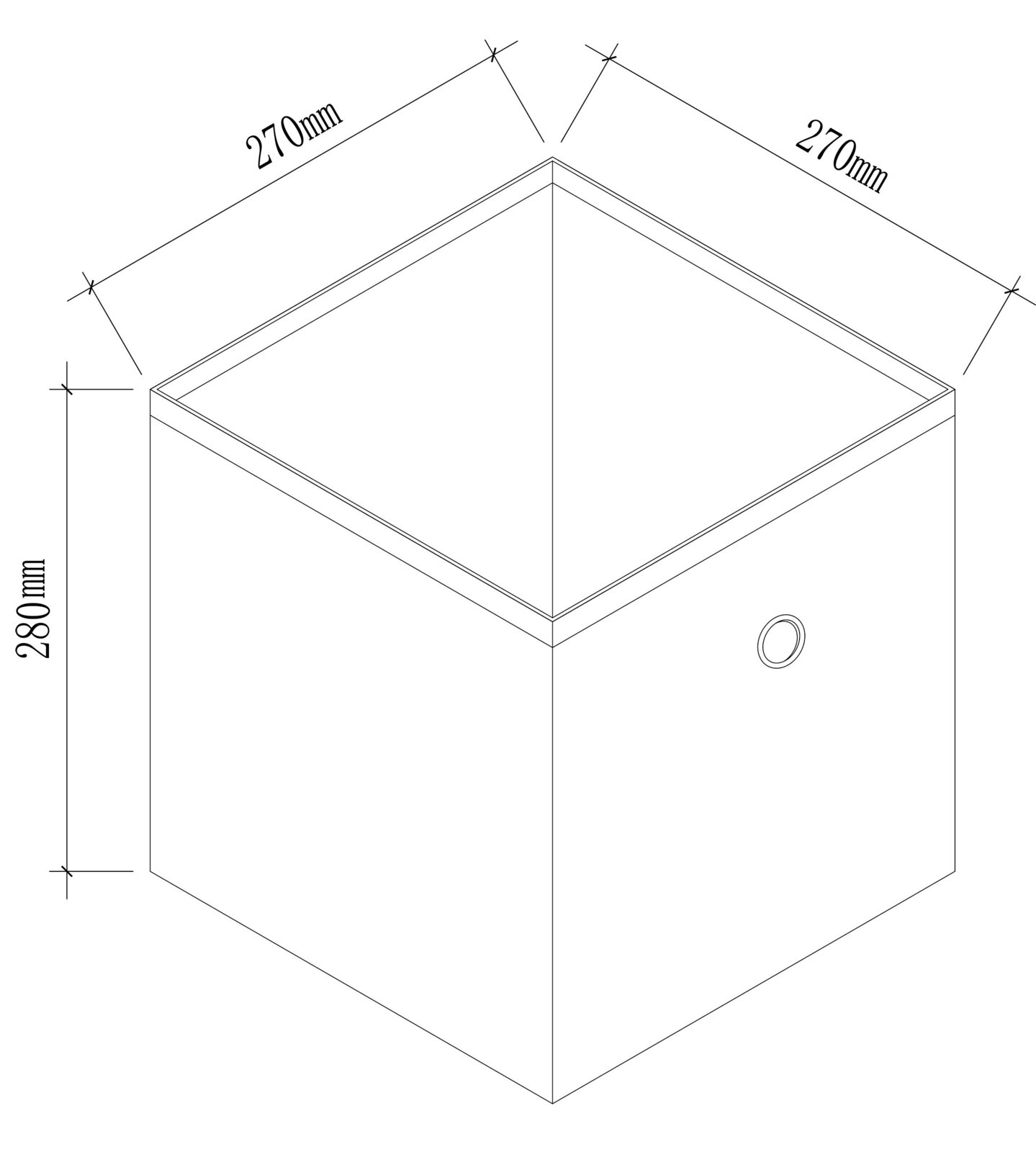 Technische Strichzeichnung einer quadratischen Aufbewahrungsbox mit Deckel, Maße 270 x 270 x 280 mm, in isometrischer Perspektive schräg von oben gezeigt