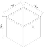 Technische Strichzeichnung einer quadratischen Aufbewahrungsbox mit Deckel, Maße 270 x 270 x 280 mm, in isometrischer Perspektive schräg von oben gezeigt